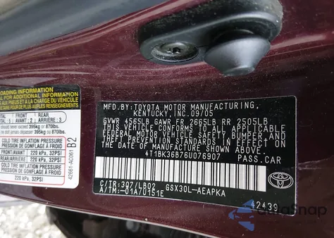 2006 Toyota Avalon Limited z USA, uszkodzony, nr VIN 4T1BK36B76U076907